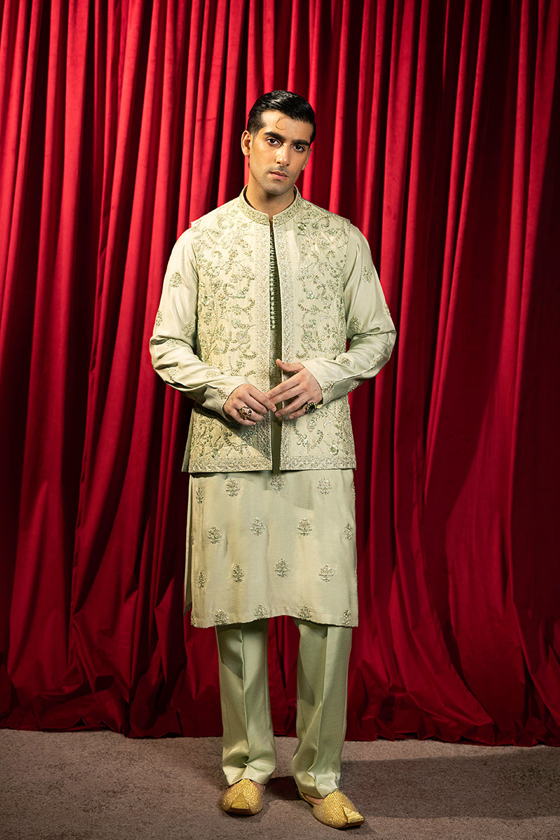 Designer Pastel Green Kurta with waistcoat online – Republic by